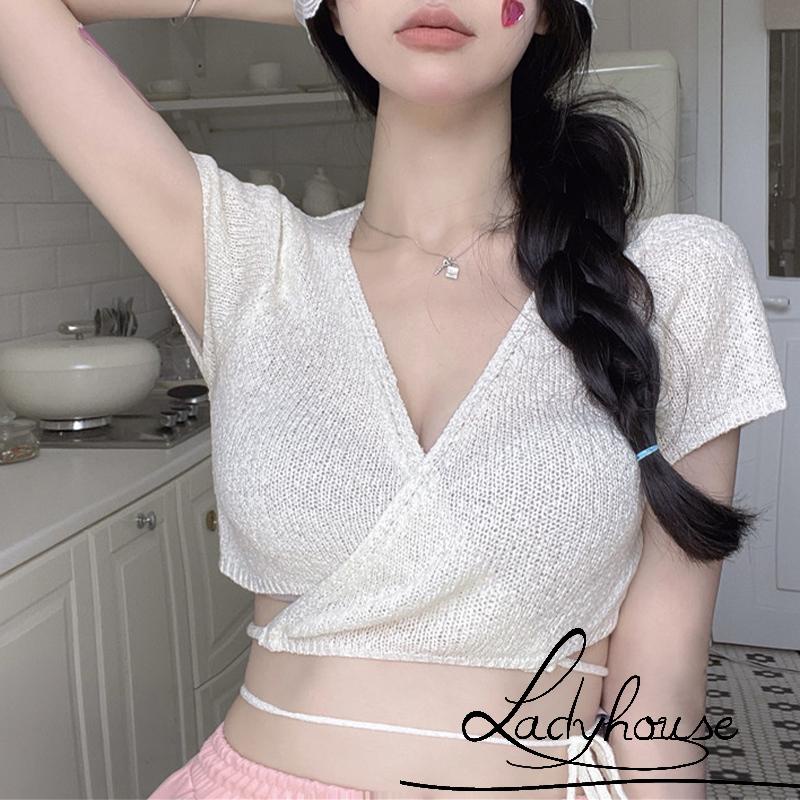 Áo Dệt Kim Tay Ngắn Cổ Chữ V Màu Trơn Thời Trang Dành Cho Nữ