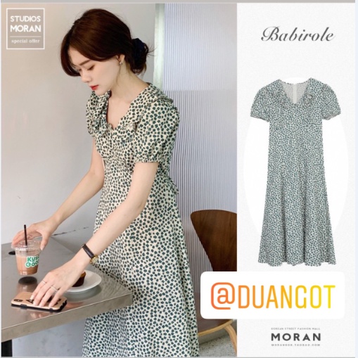(ORDER) Váy MORAN hoa nhí màu xanh cổ bẻ phối bèo thắt nơ eo xòe dài vintage Hàn Quốc điệu đà (NEW_HOT)