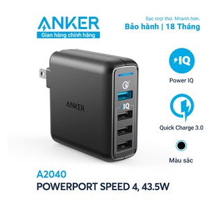 Sạc ANKER PowerPort Speed 4 cổng 43.5w, 1 Quick Charge 3.0 - A2040