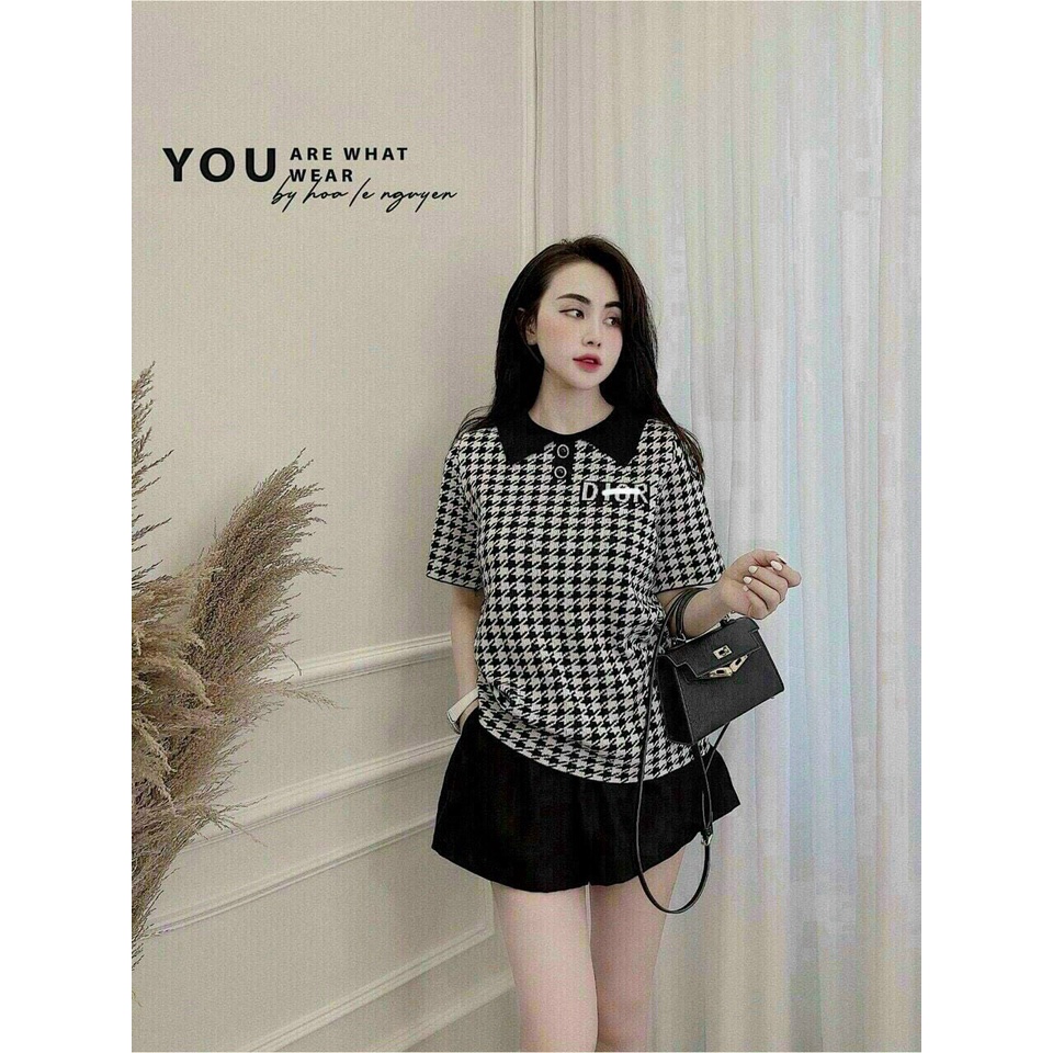 Set bộ đùi thun, set bộ đùi nữ mặc đi chơi, set tiểu thư Hàn Quốc, áo thun kẻ caro, quần short nữ