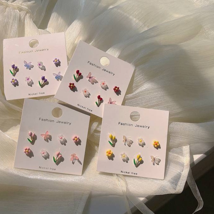 4 đôi khuyên tai hình hoa tulip/ bướm đơn giản phong cách Hàn Quốc cho nữ