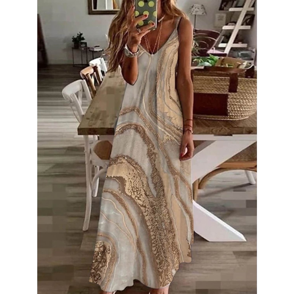 Đầm Maxi Chữ A Tay Lửng Cổ Chữ V Đính Kim Sa Size 2022 S-M-L-XL-XXL Cho Nữ