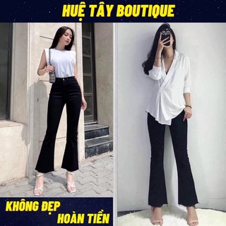 ✜✎₪Quần jeans nữ, nữ ống loe cạp cao co dãn nhẹ cấp màu đen size S M L SKUQ-11