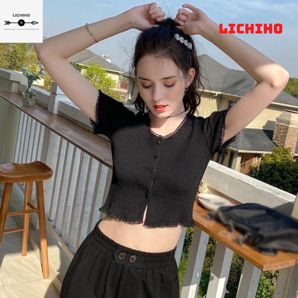 Áo croptop tay ngắn cổ vuông viền ren CT05 LICHHO ôm body gợi cảm quyến rủ co giản tốt | BigBuy360 - bigbuy360.vn
