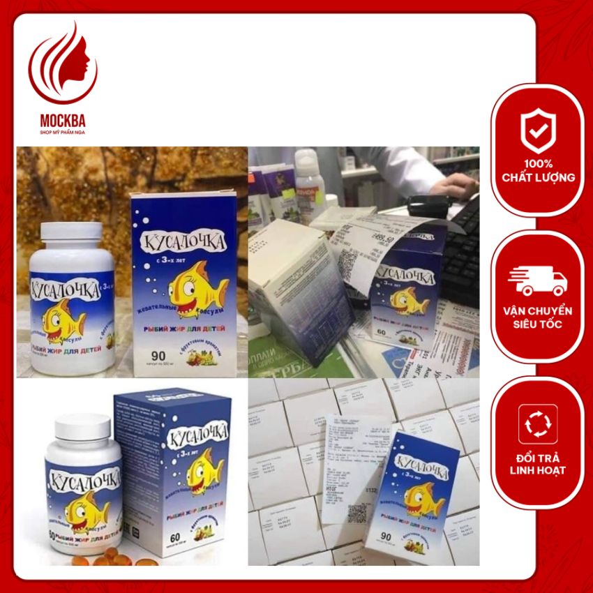 Viên dầu cá tuyết Kusalochka vị trái cây cho trẻ em, của Nga, hộp 90 viên