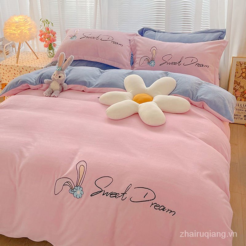 Spot Bộ chăn ga và vỏ gối bằng vải nhung hai mặt họa tiết hoạt hình dễ thương N12n