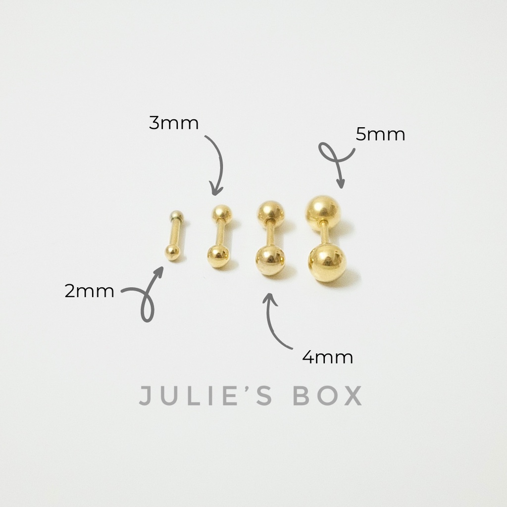 Khuyên Tai Unisex 2 Đầu Bi Tròn Màu Vàng Titan Không Ngứa Không Gỉ Sét Nhiều Size Julies Box 66