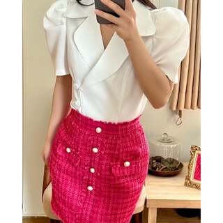 Chân váy dạ tweed hồng