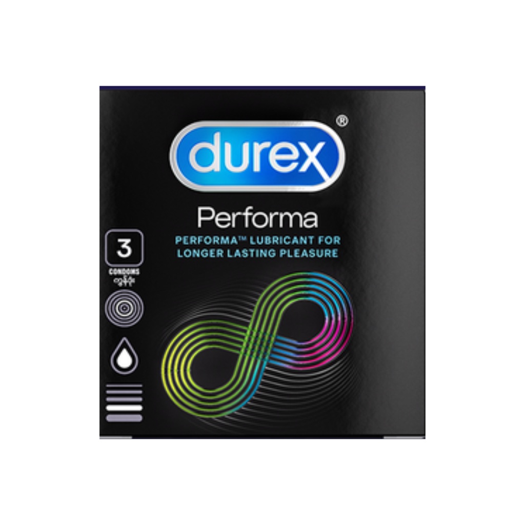 Durex Performa 3 bao/ hộp. Bao cao su Durex chống xuất tinh sớm, kéo dài thời gian quan hệ.