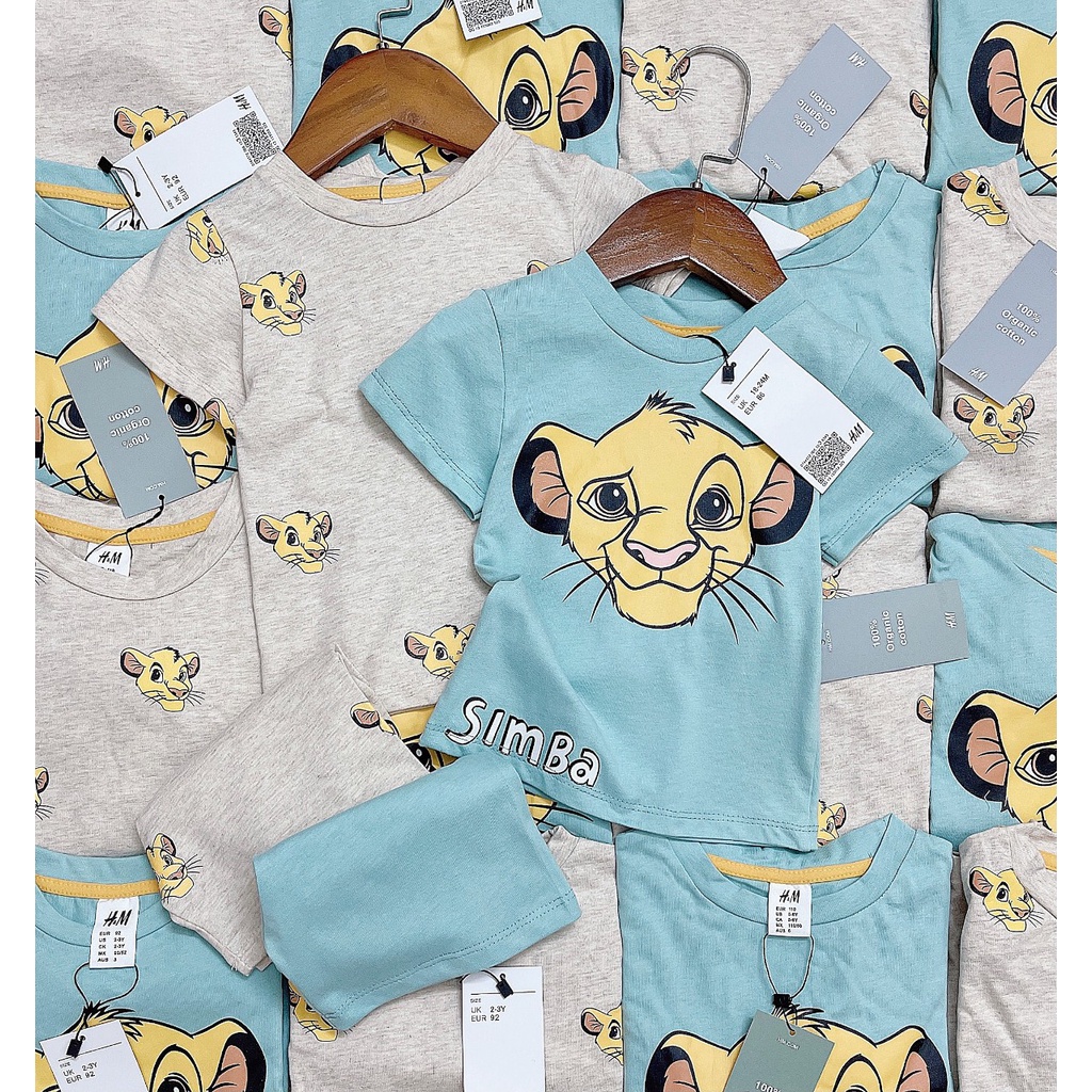 Set 2 bộ thun cotton cộc tay hổ Simba xanh xám mặc nhà, đi chơi cho bé trai