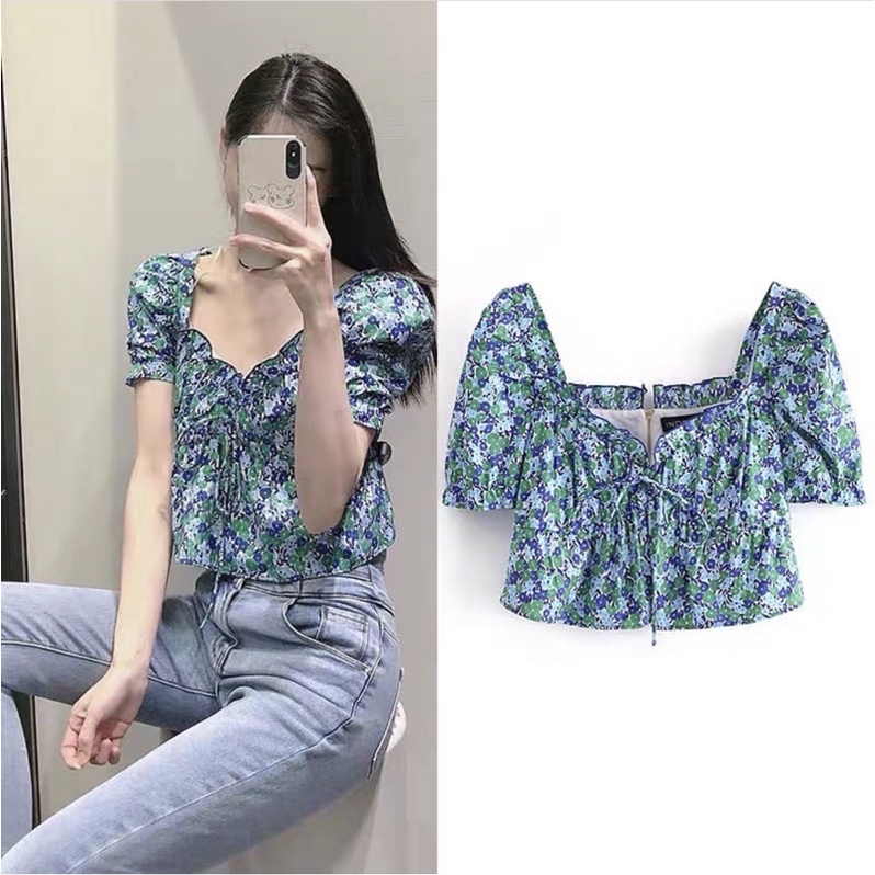 Áo Croptop Nữ Hoa Xanh Chất Đũi Thô Kiểu Cổ Chữ V Tay Bồng Ngắn - LITTLE KOREA