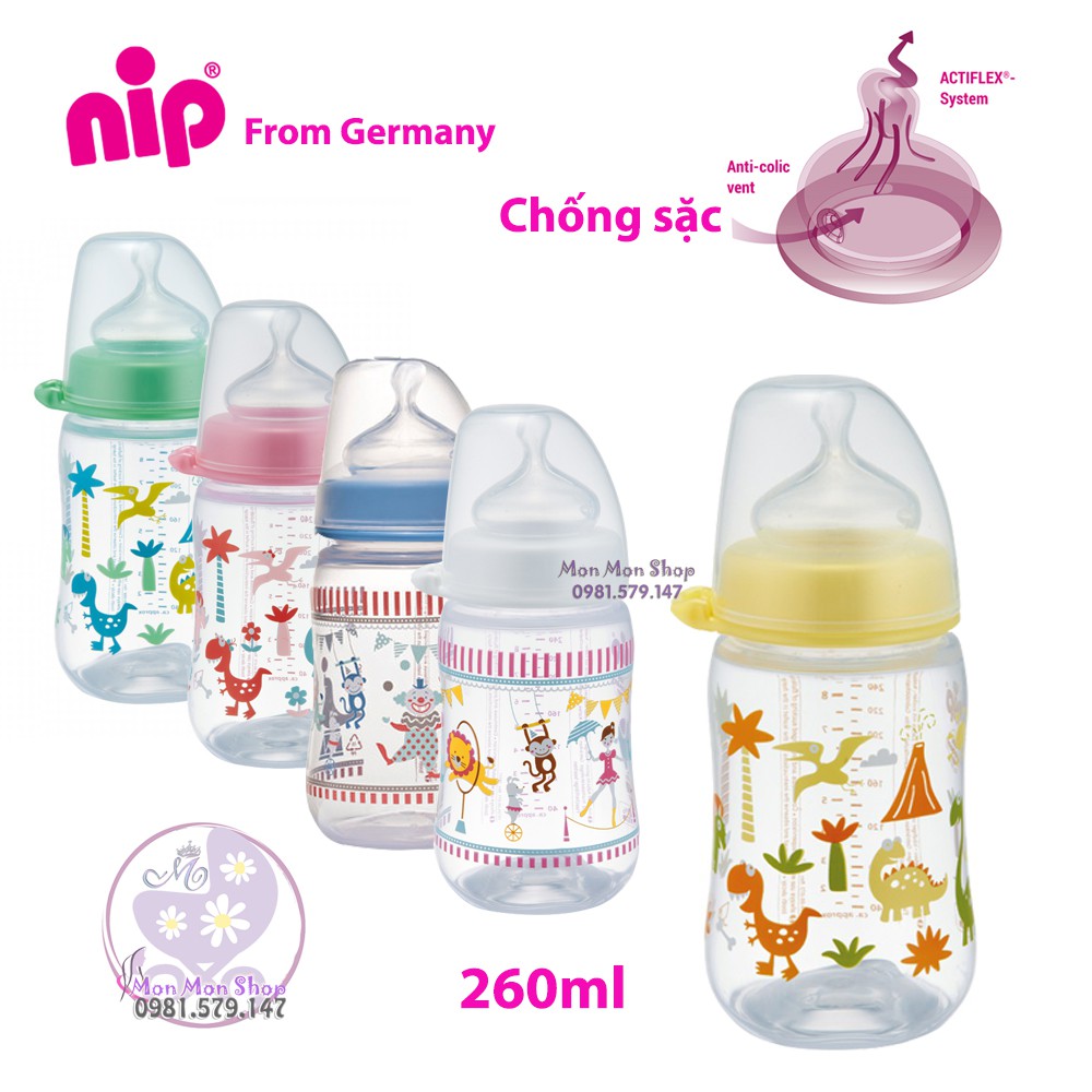 [Made in Germany] Bình sữa cổ rộng 260ml Nip xuất xứ Đức, núm ti chỉnh nha, chống sặc núm size M dòng chảy vừa