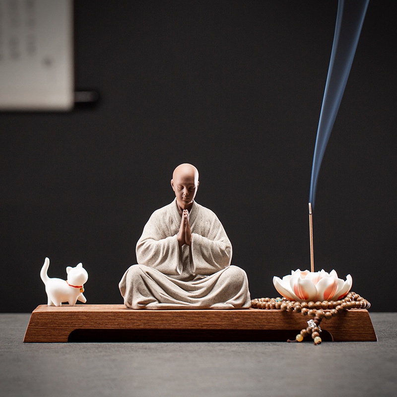 Bộ tượng Tăng nhân ngồi thiền, đánh đàn, múa quạt  - Nhà Sư gốm Tử Sa - Tượng trang trí cao cấp - Tự Thanh