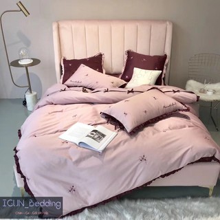 bộ BƯỚM UYÊN ƯƠNG hồng set Chăn Ga Gối cưới  Lụa thêu cao  cấp