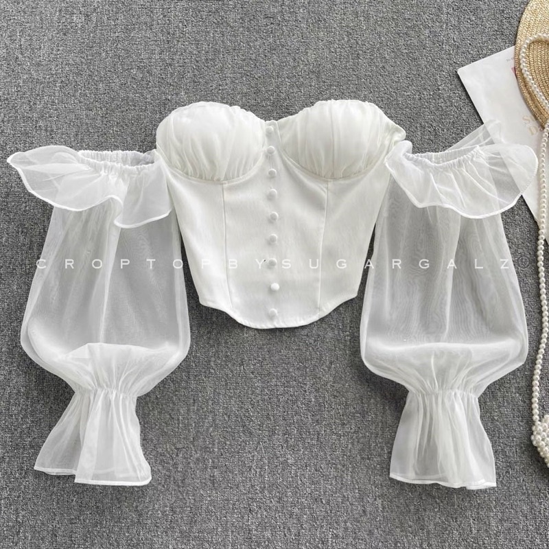 Áo croptop tay phồng voan kính cúp ngực hàng cúc ngực mini tiểu thư - by CBS