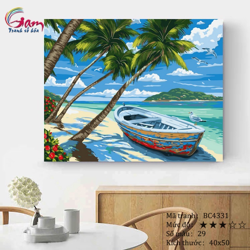 Tranh sơn dầu số hóa tự tô màu theo số Gam Phong Cảnh Thuyền Và Bờ Biển căng khung 40x50cm BC4331