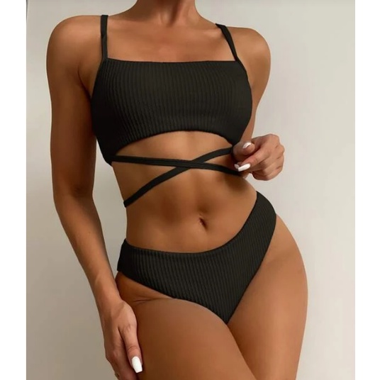 Bộ Bikini Màu Trơn Đan Dây Chéo Quyến Rũ Cho Nữ