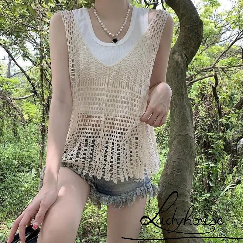 Áo Tank Top Dệt Kim Dáng Rộng Cổ Chữ V Thời Trang Mùa Hè Cho Nữ