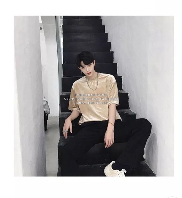 Áo thun nhung unisex fom rộng, màu kem