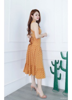 Đầm maxi hở lưng chấm bi thắt dây nơ
