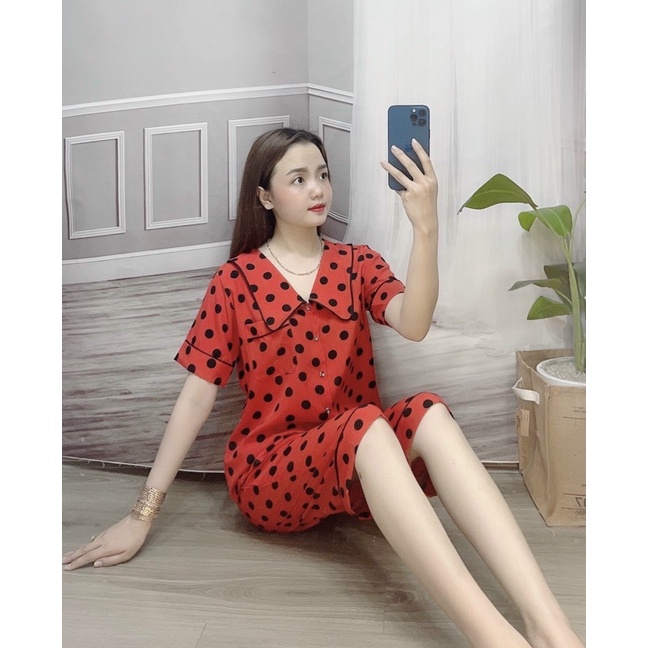 Set Đồ Bộ Lửng Chấm Bi Đỏ Chất Vải Lụa Cao Cấp(Kèm Ảnh Thật)