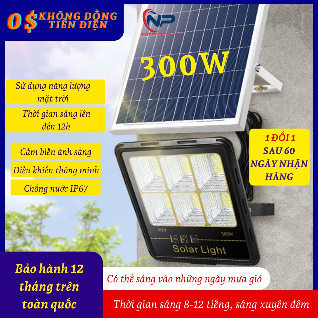 Đèn năng lượng mặt trời trang trí sân vườn, đèn pha 300W,6 khoang led siêu sáng, cảm biến ánh sáng, có điều khiển, IP67
