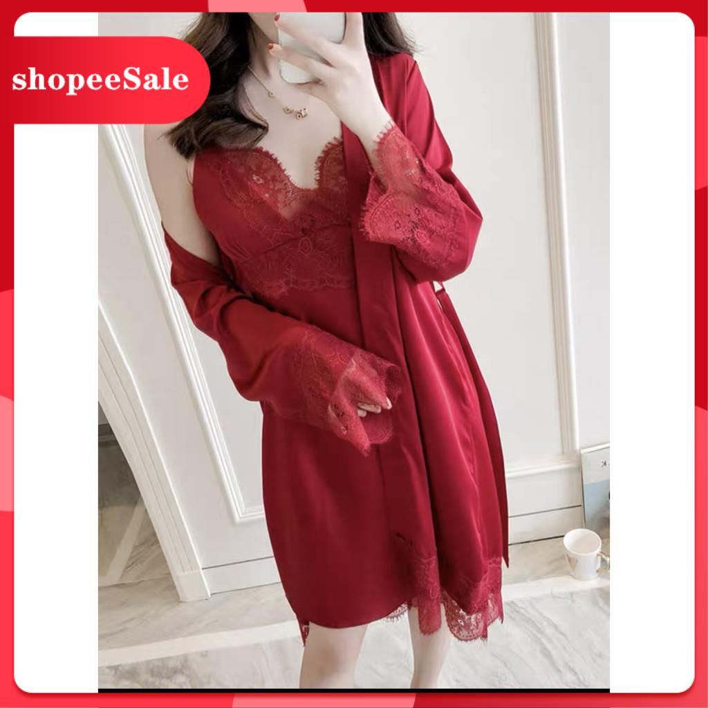 Sét Đầm Ngủ Lụa Satin Nữ Gồm Váy Ngủ 2 Dây Sexy Và Áo Choàng Gợi Cảm Phối Ren Dễ Thương