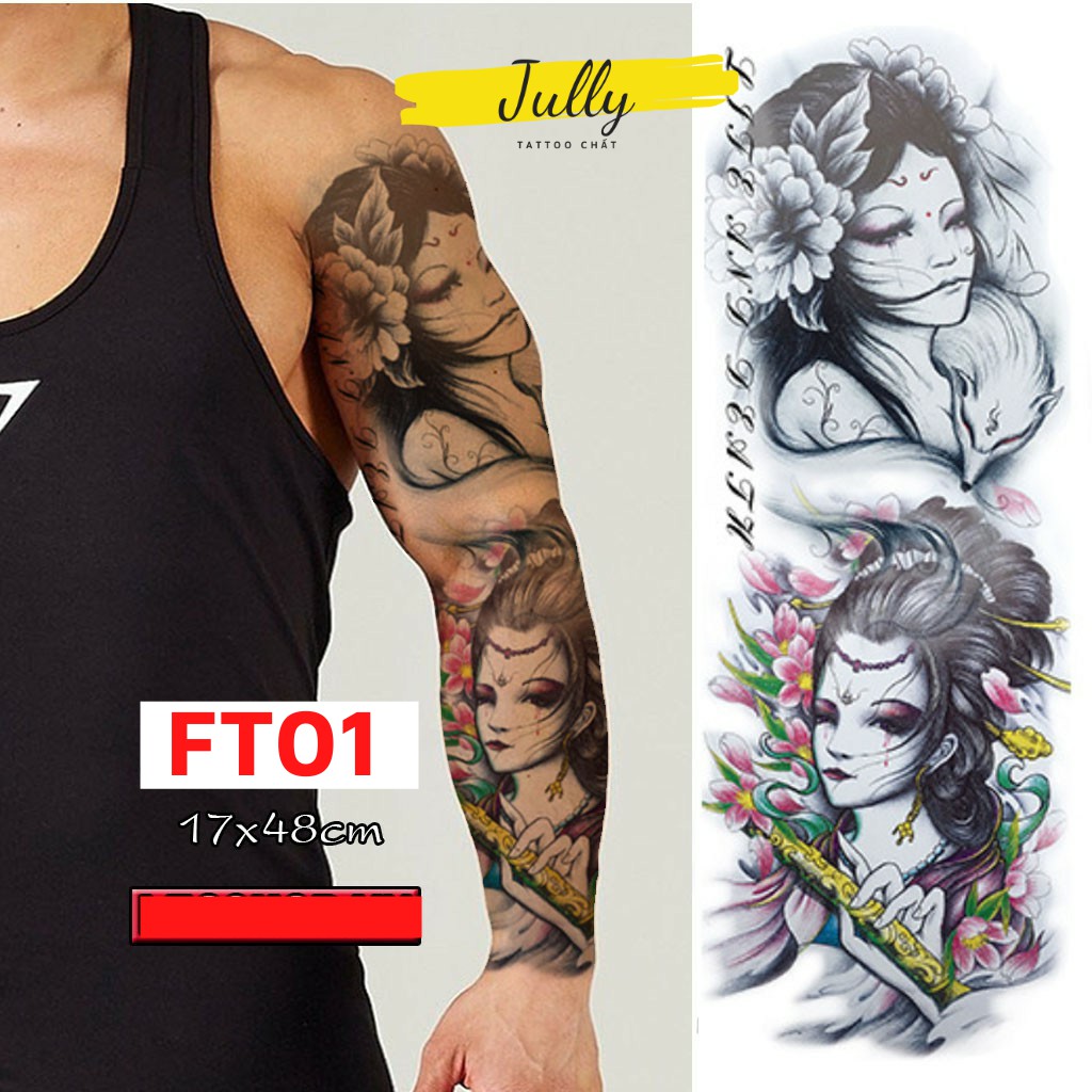 Hình xăm dán kín tay, full, bít tay cô gái nhật Geisha, xăm tạm thời chống nước JULLY Tattoo chất