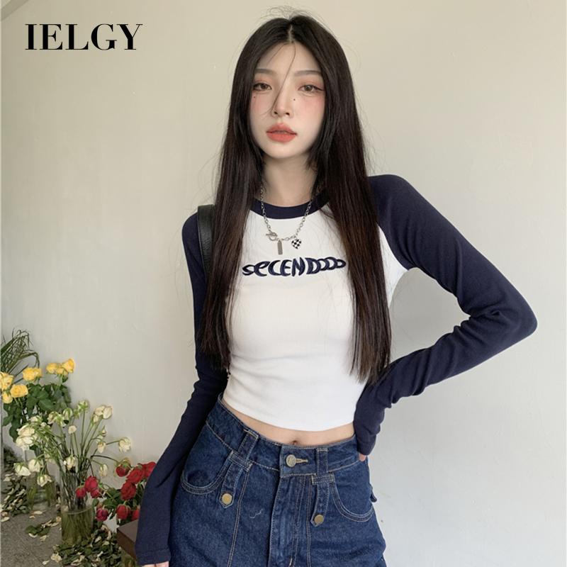 IELGY  Áo Thun Tay Dài Dáng Ôm Màu Sắc retro Dành Cho Nữ