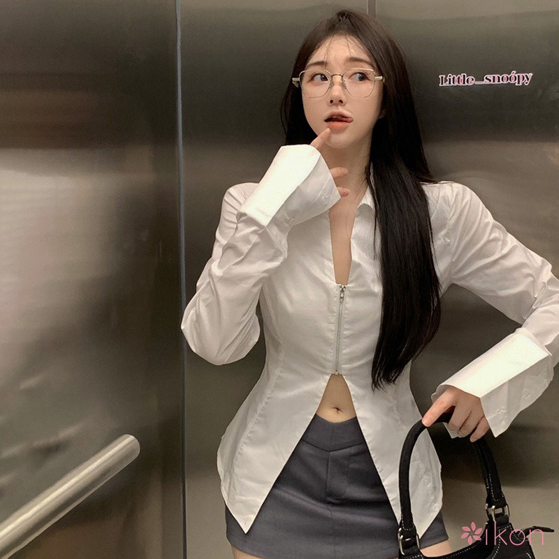 Áo Sơ Mi Màu Sắc Trơn Dáng Ôm Xẻ Tà Thời Trang Hàn Quốc Cho Nữ