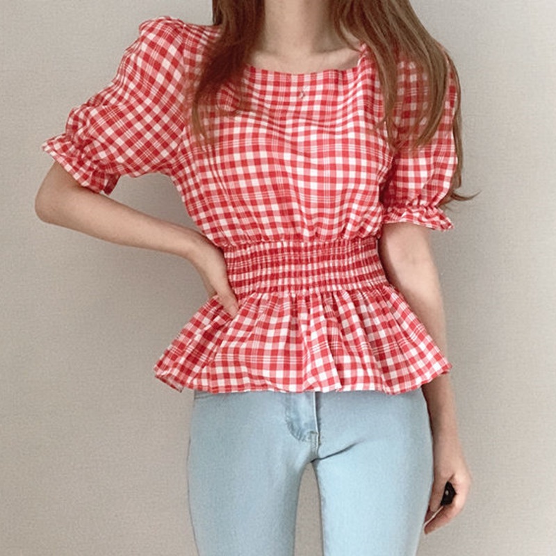 Áo Sơ Mi Ngắn Tay Ca Rô 153241 Áo Kiểu Tay Phồng Cổ Vuông Họa Tiết Sọc Caro Phong Cách Cổ Điển Thời Trang Mùa Hè