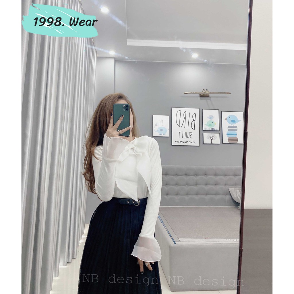 (SALE) Aó cổ nơ áo thân len- tay voan - cổ nơ hút hồn sang chảnh tiêu thư fom