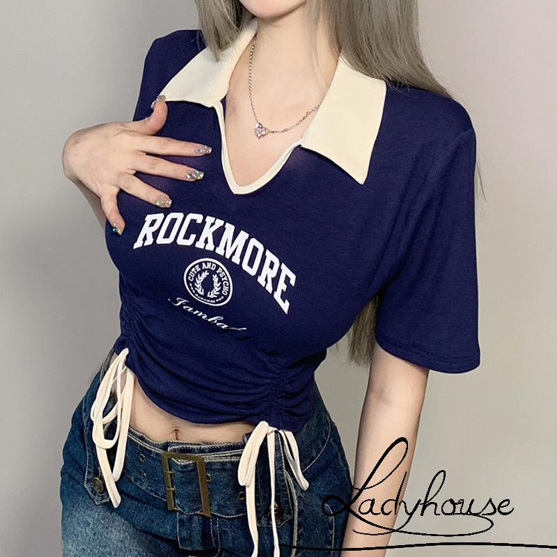 Áo Thun Croptop Tay Ngắn Cổ Chữ V Phối Dây Rút Thời Trang Mùa Hè Cho Nữ