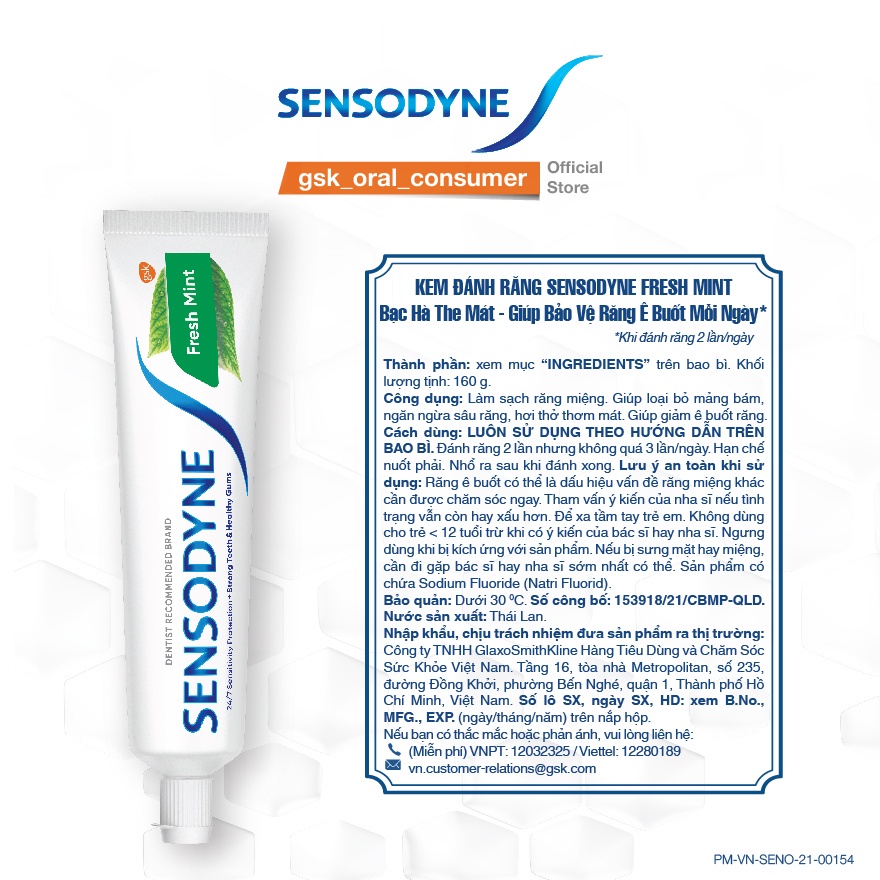 Kem đánh răng bạc hà Sensodyne Fresh Mint - Giảm ê buốt suốt 24h