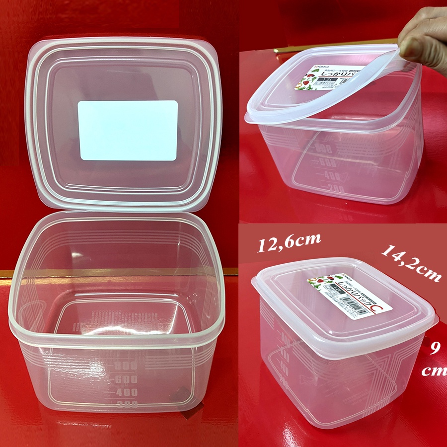 Hộp nhựa trong suốt, nắp dẻo 1L2; 14,2x12,6cm cao 9,3cm; sx tại Nhật, có vạch chia mililit. KB310