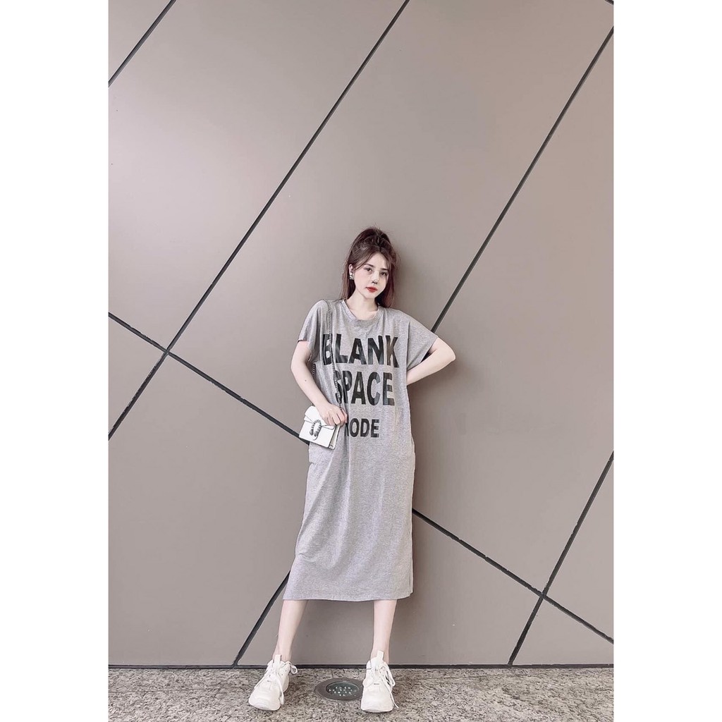 Đầm bầu suông dáng dài Váy bầu dáng suông nữ cổ tròn họa tiết chữ Blank chất thun cotton