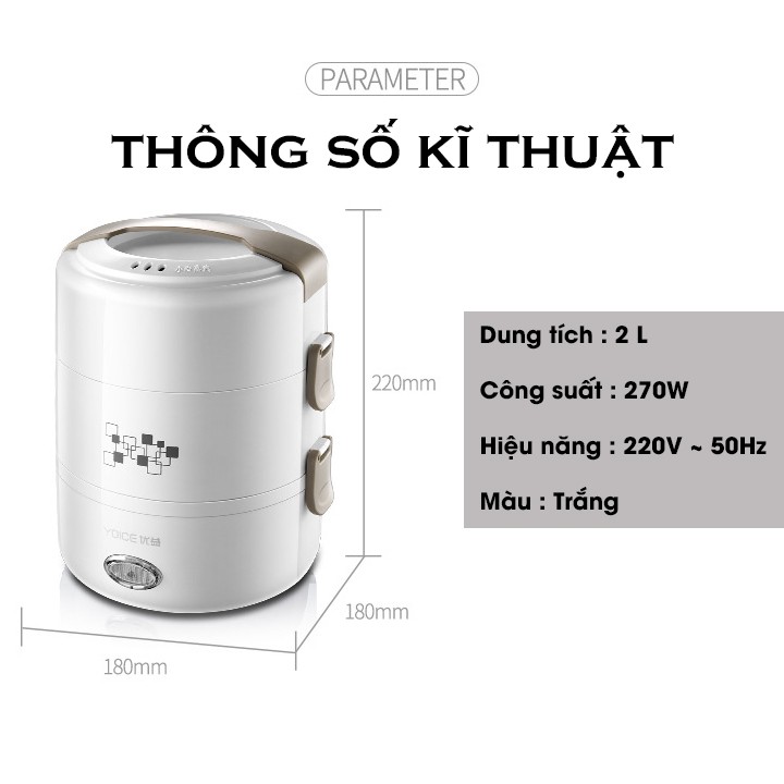 Hộp cơm hâm nóng điện 3 tầng tiện lợi YOICE TRẮNG khay inox 304 không rỉ 270W - 2 Lít hâm nóng nhanh