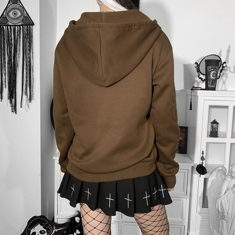 Xiangbao Áo Khoác Hoodie Tay Dài Có Khóa Kéo In Hình Nhện Đính Đá Cho Nữ Sw