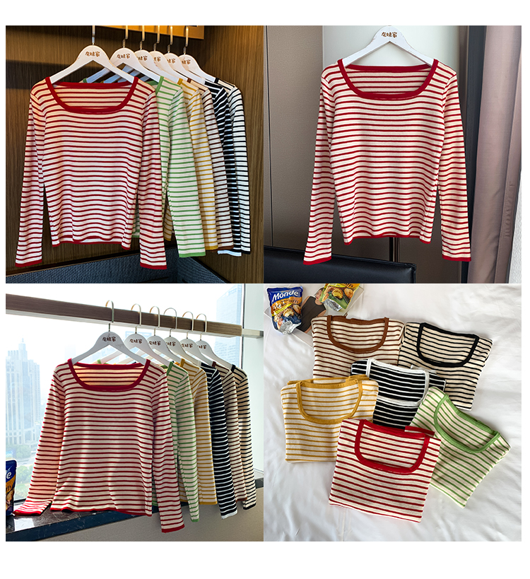 Áo thun SUXI dành cho nữ tay dài cổ vuông họa tiết sọc ngang thời trang