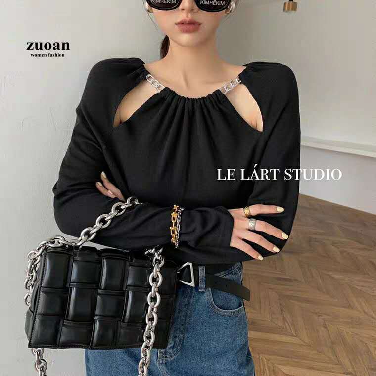 SUXI Áo Thun Dệt Kim Tay Dài Cổ Tròn Phong Cách Hàn Quốc