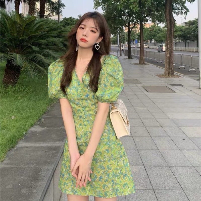 Váy Hoa Nhí Xanh Lá Cổ Tim Tay Bồng