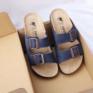 Dép đôi nam nữ unisex đế trấu da bò thật LB08 Xanh than