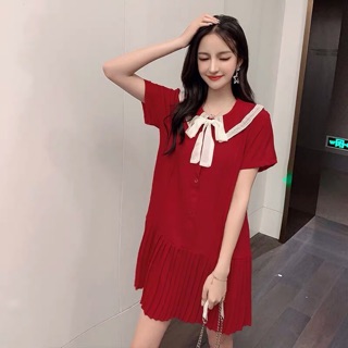Váy cổ viền buộc nơ chân dập ly