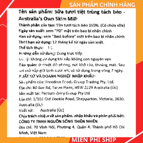 Sữa Tươi Tách Béo Không Đường Australia's Own 1 lít