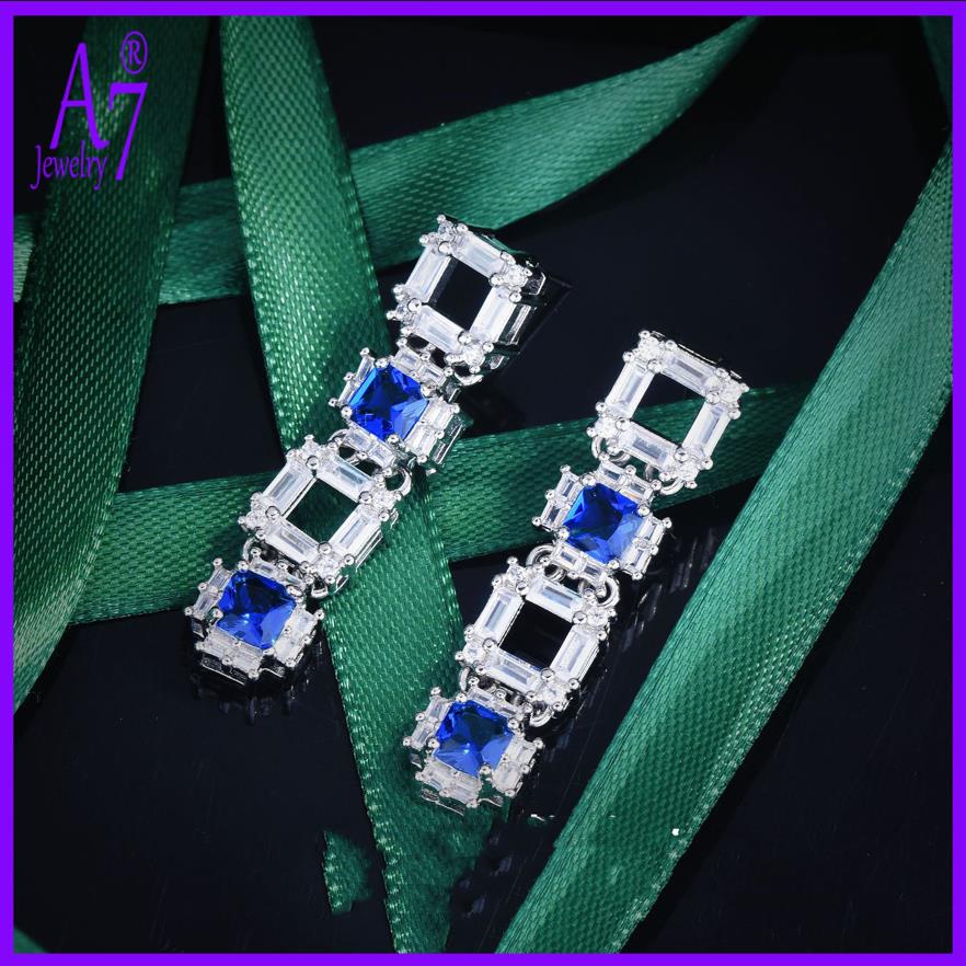 A7| Bông Tai Mạ Bạc 925 Dáng Dài Họa Tiết Hình Học Màu Xanh Dương / Trắng Thời Trang Sang Trọng X4Y59