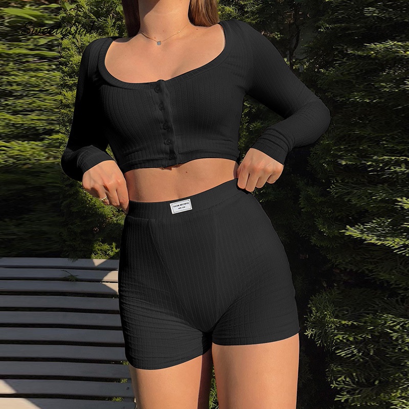 Bộ Đồ Thời Trang 2022 Áo Tay Dài Cổ Tròn Cài Khuy Phối Quần Lưng Cao Màu Trơn Xinh Xắn Cho Nữ