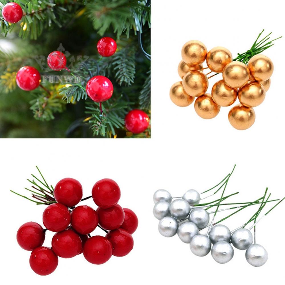 Set 100 Vòng Hoa Holly-Berry Giả Màu Đỏ Vàng Bạc Trang Trí Giáng Sinh