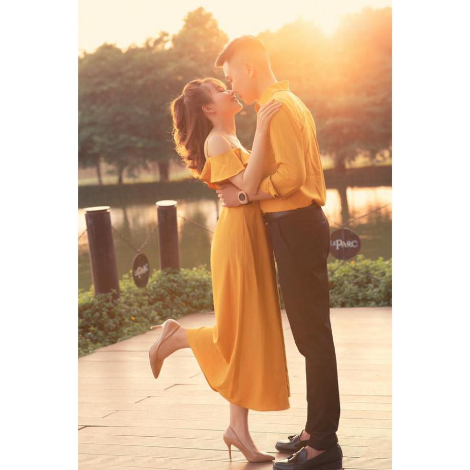 Áo đôi áo cặp 🎀FREESHIP🎀  Set váy nữ sơ mi nam cặp chụp cưới, dự tiệc, du lịch màu vàng đẹp - AV92