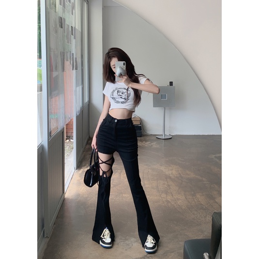 Quần Dài Lưng Cao Màu Đen Thiết Kế Xẻ Rách Cá Tính