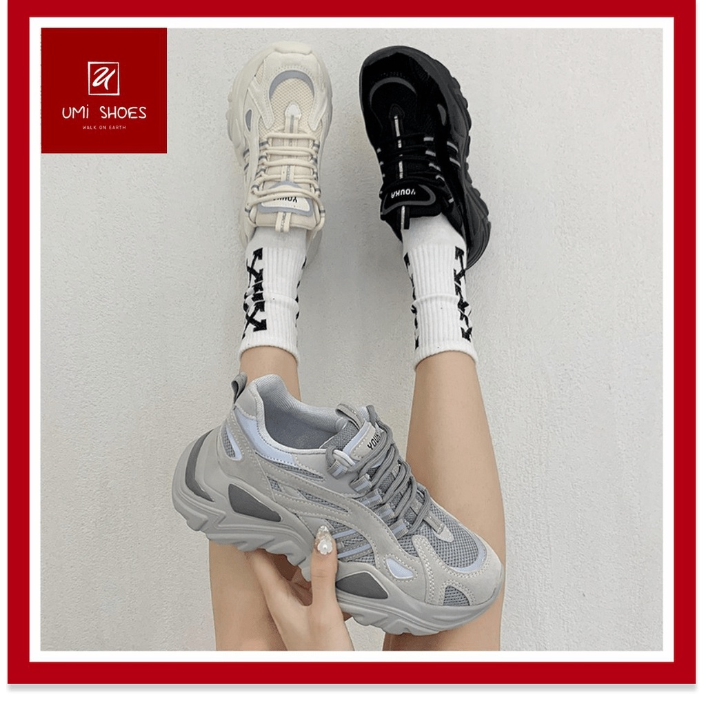 ★ ᗩᗰᗩᘔ𝗜ᑎ𝗚 𝗦𝗛𝗢𝗘𝗦 ★ Giày thể thao buộc dây nâng độn đế cao 5cm mới đơn giản cá tính trẻ trung năng động màu đen/kem
